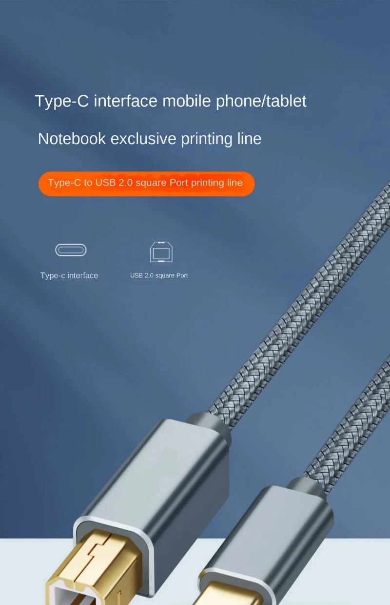 USB-C to USB-B 2.0 Printer Cable | Braided Scanner & MIDI Controller Cable