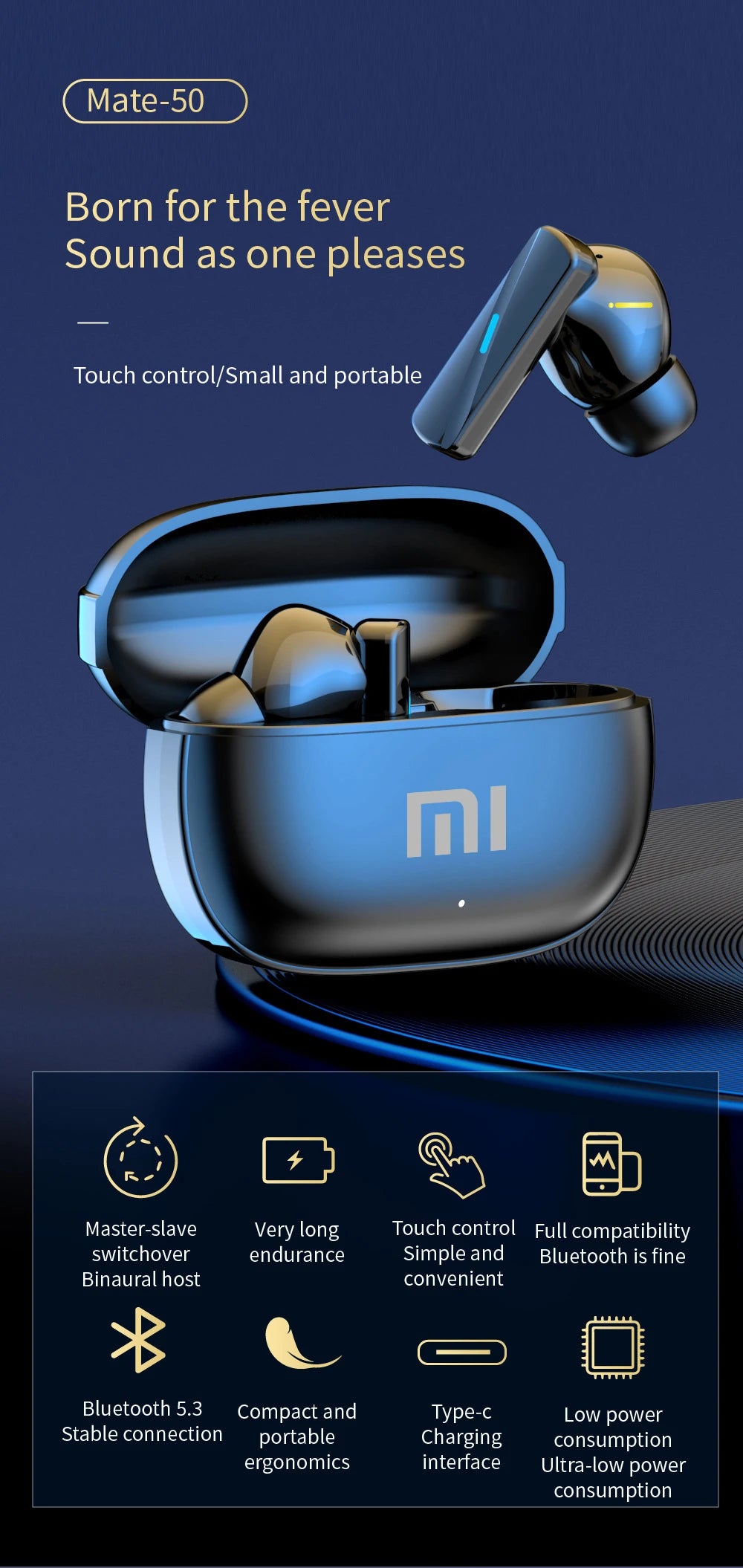 Xiaomi Mate50 Wireless Earbuds – Bluetooth 5.3, Noise Reduction, Touch Control, Waterproof